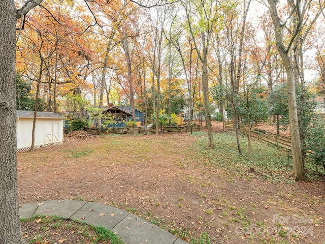 view of yard featuring a storage unit