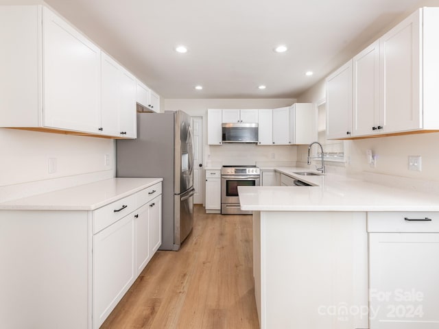 kitchen featuring white cabinetry, sink, stainless steel appliances, light hardwood / wood-style flooring, and kitchen peninsula