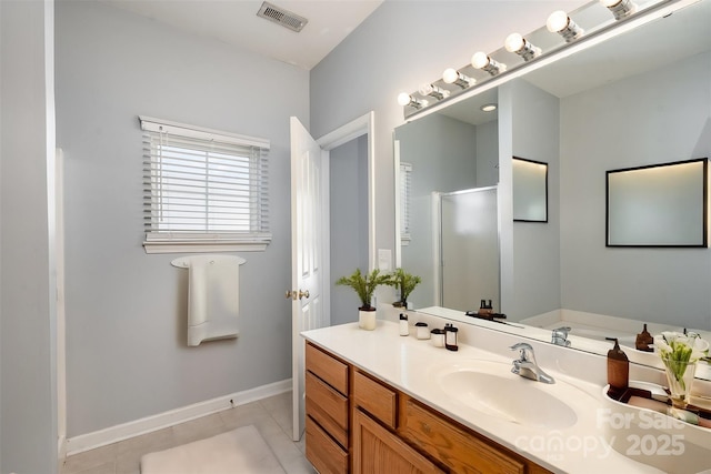 bathroom featuring tile patterned floors, vanity, and walk in shower