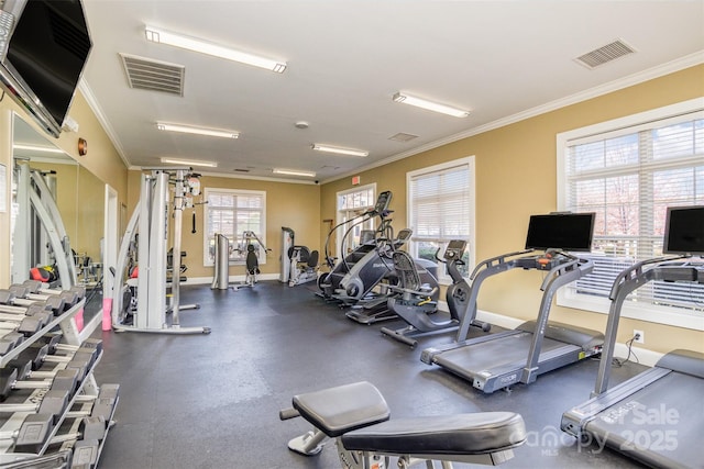 workout area featuring ornamental molding