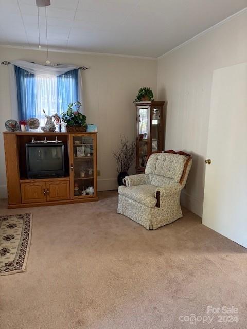 sitting room featuring light colored carpet and ornamental molding