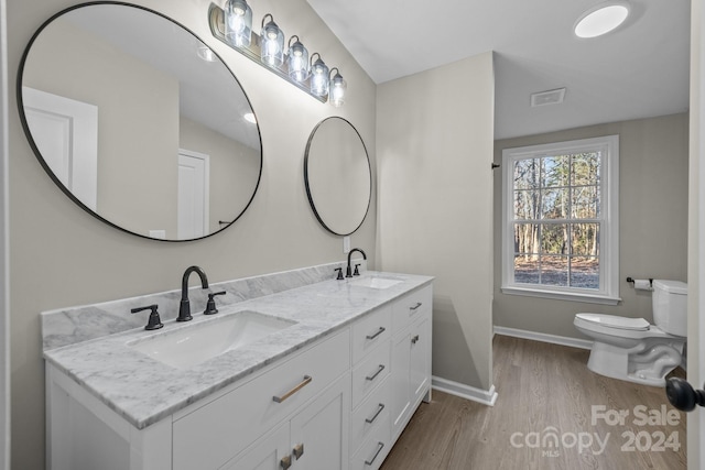 bathroom with vanity, hardwood / wood-style flooring, and toilet