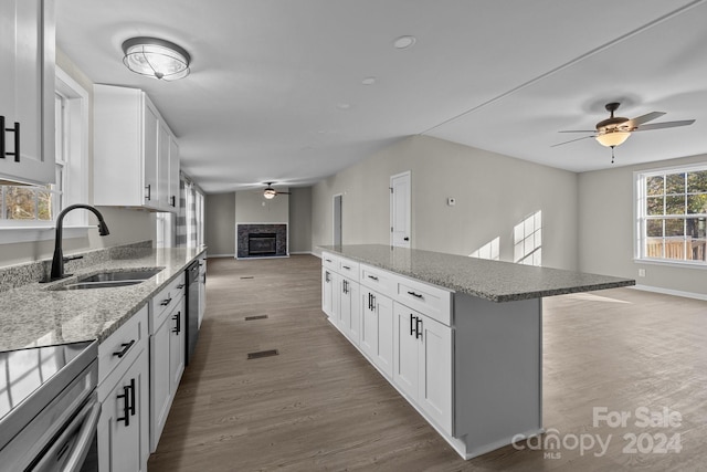 kitchen with a fireplace, white cabinetry, sink, and a kitchen island