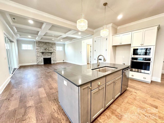 kitchen featuring sink, light hardwood / wood-style flooring, an island with sink, white cabinetry, and stainless steel appliances