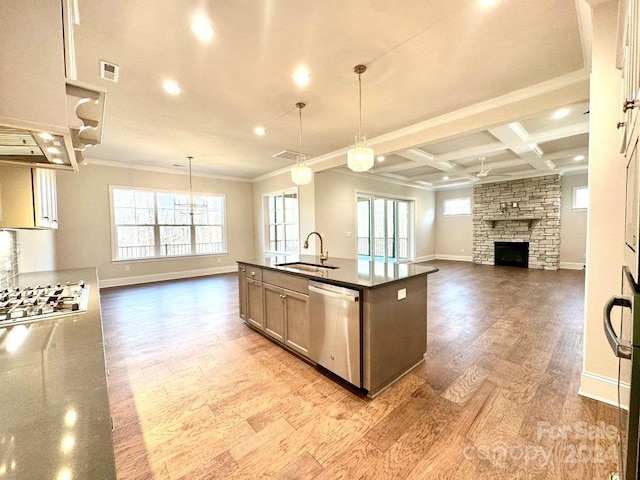 kitchen with pendant lighting, a stone fireplace, light wood-type flooring, and appliances with stainless steel finishes