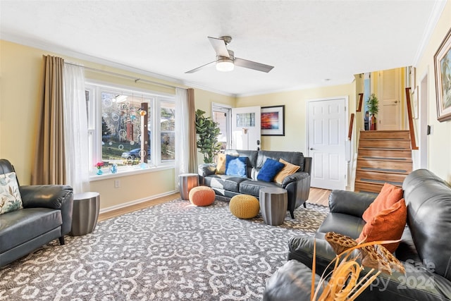 living room featuring hardwood / wood-style flooring, ceiling fan, and ornamental molding