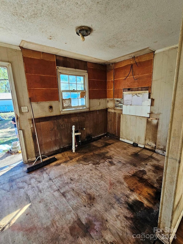 kitchen with a textured ceiling and wooden walls