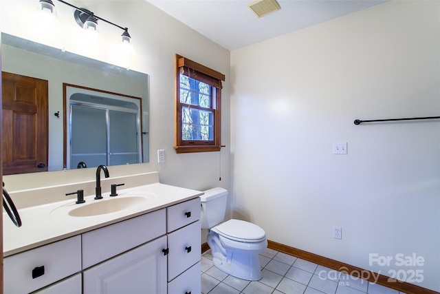 full bathroom with visible vents, toilet, tile patterned flooring, baseboards, and vanity