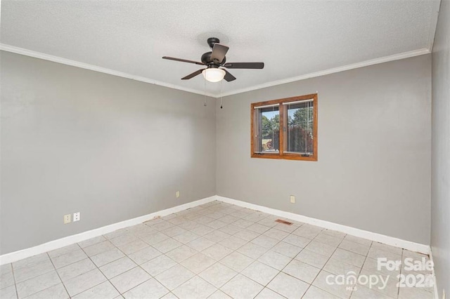 unfurnished room with ornamental molding, ceiling fan, a textured ceiling, and baseboards