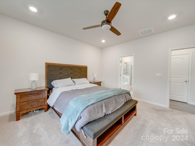 5021 Markfield Ln, Monroe, NC 28110 - bedroom featuring light colored carpet, baseboards, recessed lighting, ensuite bath, and a ceiling fan