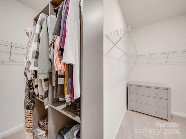 walk in closet featuring light colored carpet