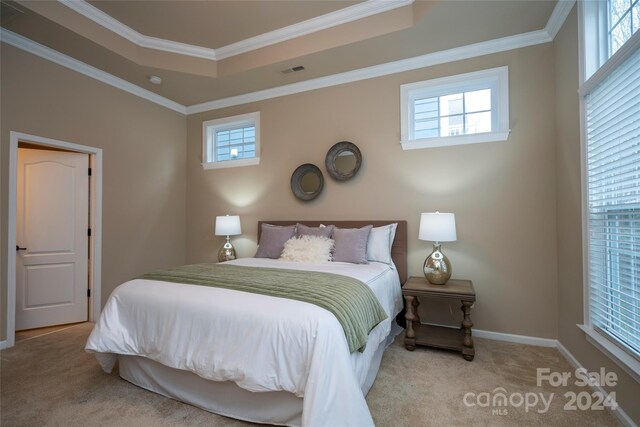 carpeted bedroom featuring multiple windows and crown molding