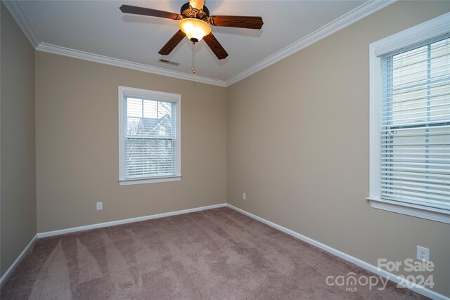 empty room featuring light carpet, ceiling fan, and ornamental molding