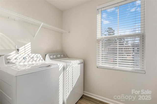 washroom with washer and clothes dryer and hardwood / wood-style floors