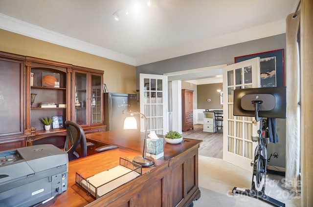 office with light hardwood / wood-style flooring and crown molding