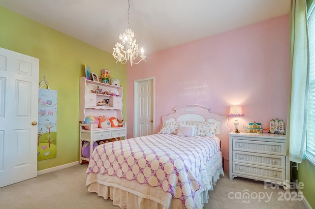 bedroom with light colored carpet and a notable chandelier