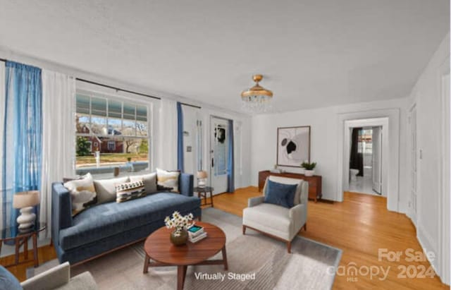 living room with a notable chandelier and hardwood / wood-style flooring