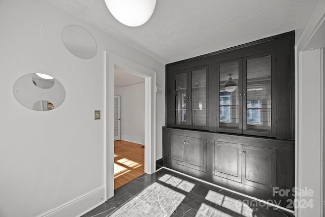 interior space featuring a textured ceiling and dark wood-type flooring