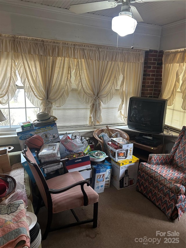 living room featuring carpet floors and ornamental molding