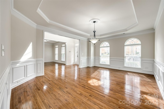 interior space featuring a raised ceiling, wood-type flooring, and crown molding