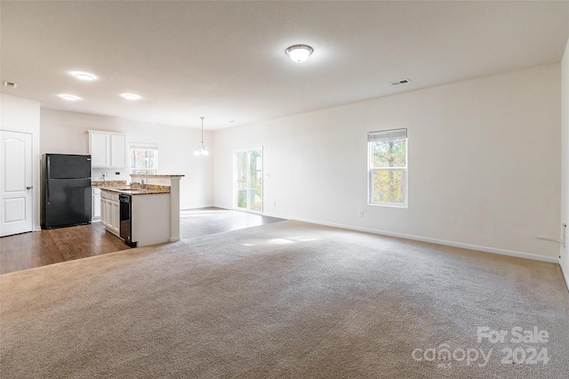 unfurnished living room featuring light carpet and sink