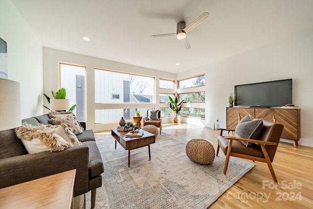 living room with hardwood / wood-style flooring and ceiling fan