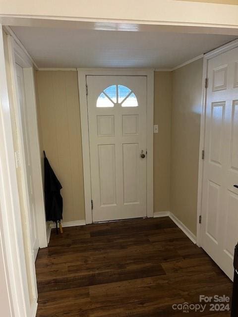 foyer entrance featuring crown molding and dark wood-type flooring