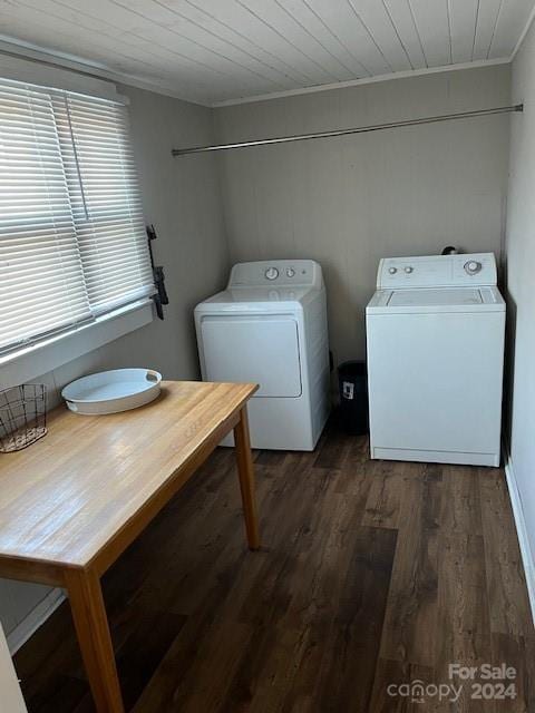 laundry area featuring independent washer and dryer, ornamental molding, wood ceiling, and dark wood-type flooring