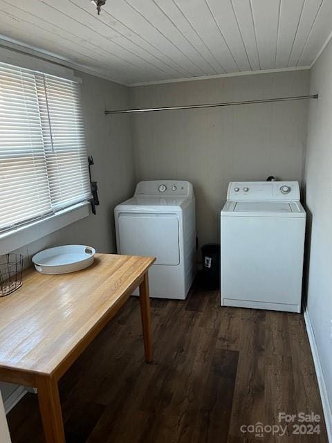 clothes washing area with ornamental molding, dark hardwood / wood-style flooring, wood ceiling, and independent washer and dryer