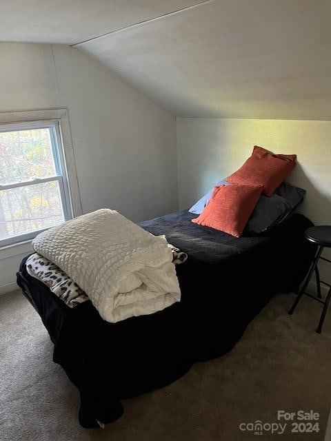 carpeted bedroom featuring vaulted ceiling