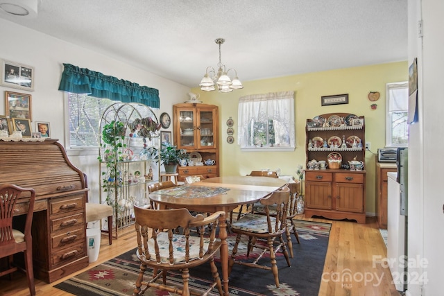 dining room with light hardwood / wood-style floors, a textured ceiling, and an inviting chandelier