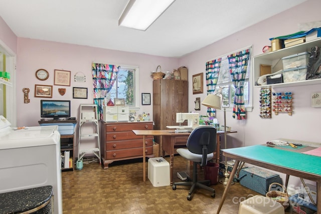 office featuring dark parquet flooring