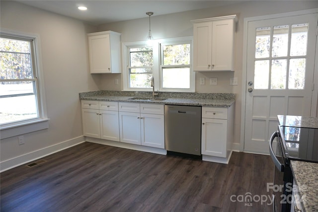 kitchen featuring white cabinetry, dishwasher, dark wood-type flooring, and plenty of natural light