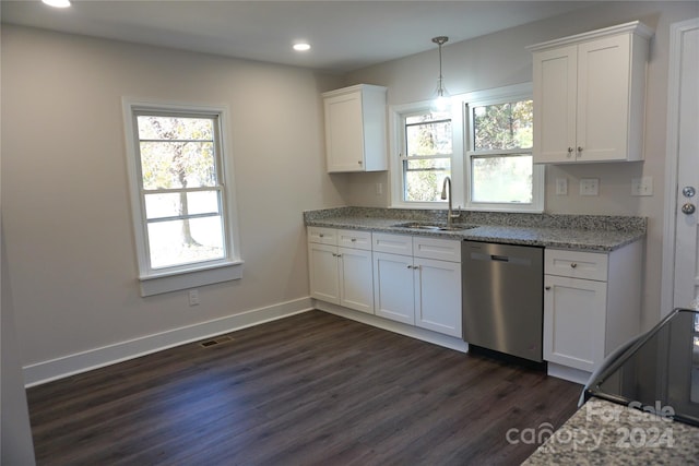 kitchen featuring dishwasher, white cabinetry, sink, and dark wood-type flooring