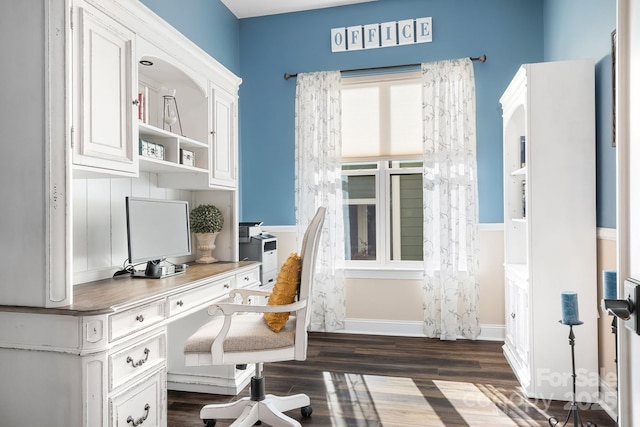 office area with dark hardwood / wood-style floors