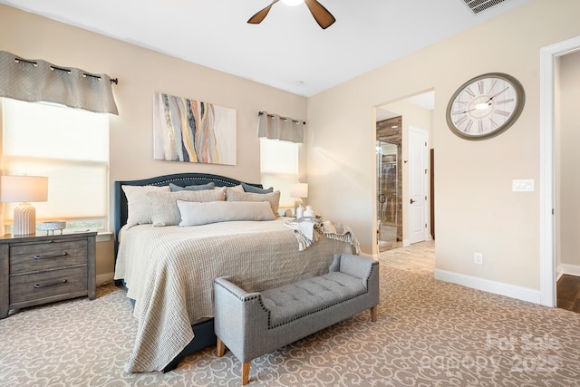 bedroom with connected bathroom and ceiling fan