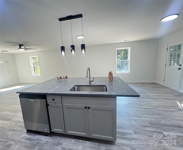 kitchen featuring gray cabinetry, a wealth of natural light, sink, and stainless steel dishwasher