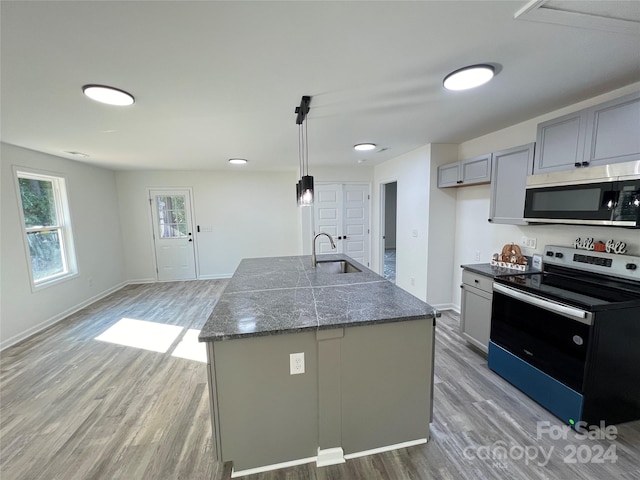 kitchen with appliances with stainless steel finishes, hardwood / wood-style flooring, and an island with sink