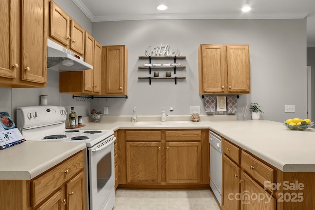 kitchen with kitchen peninsula, white appliances, crown molding, and sink