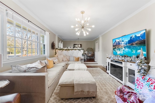 bedroom with ornamental molding, wood finished floors, and an inviting chandelier