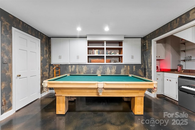 recreation room featuring finished concrete flooring, pool table, and recessed lighting