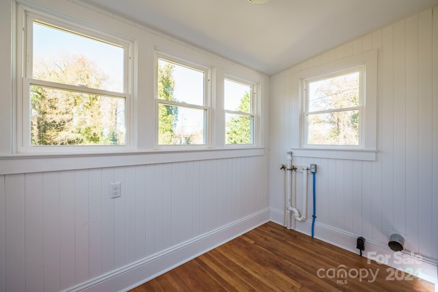 washroom featuring a wealth of natural light, wood walls, and dark hardwood / wood-style floors