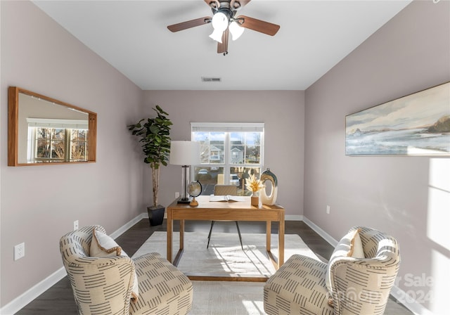 office featuring ceiling fan and dark hardwood / wood-style floors