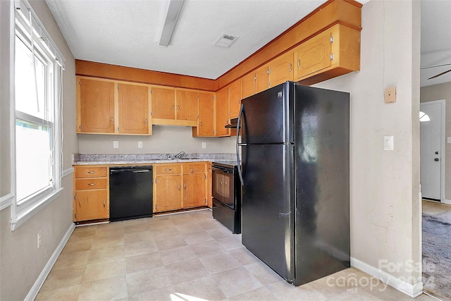 kitchen with black appliances, ceiling fan, and sink