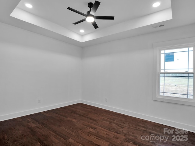 spare room featuring a tray ceiling, a wealth of natural light, and dark hardwood / wood-style floors