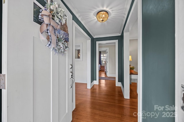 hallway with wood-type flooring and ornamental molding