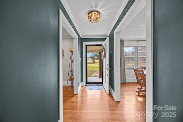 doorway featuring ornamental molding and light hardwood / wood-style floors