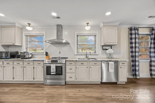 kitchen featuring white cabinetry, sink, wall chimney exhaust hood, and appliances with stainless steel finishes