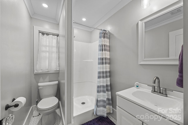 bathroom with tile patterned flooring, a shower with shower curtain, vanity, ornamental molding, and toilet