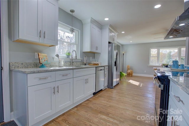 kitchen with white cabinets, stainless steel appliances, plenty of natural light, and light hardwood / wood-style floors